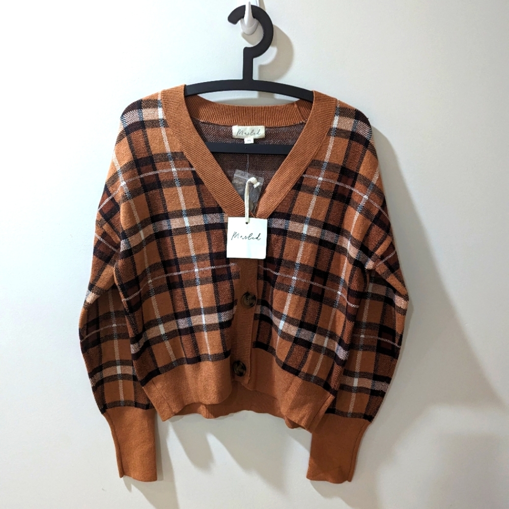 Marled Brown Check Grampa Cardigan Sweater NWT
